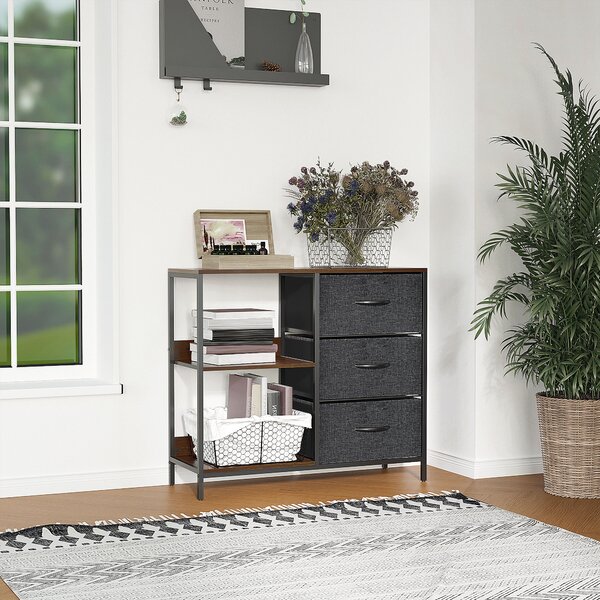 HOMCOM Storage Dresser: 3 Fabric Drawers & 2 Display Shelves in Black for Living Room & Bedroom Aosom UK