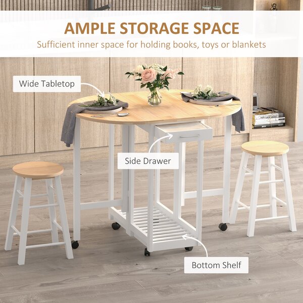 HOMCOM Bar Table and Stools with Storage Shelf, 3-Pieces Wooden Kitchen Cart with 2 Drawers and 6 Wheels, White Aosom UK