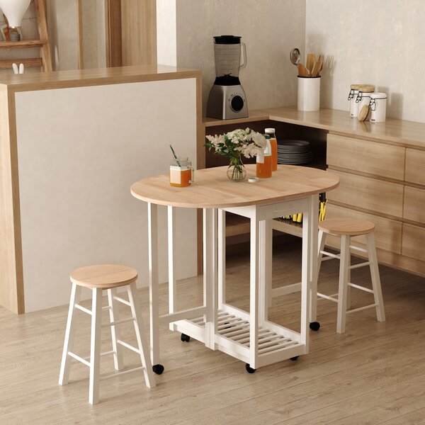 HOMCOM Bar Table and Stools with Storage Shelf, 3-Pieces Wooden Kitchen Cart with 2 Drawers and 6 Wheels, White Aosom UK