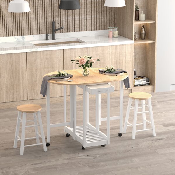 HOMCOM Bar Table and Stools with Storage Shelf, 3-Pieces Wooden Kitchen Cart with 2 Drawers and 6 Wheels, White Aosom UK
