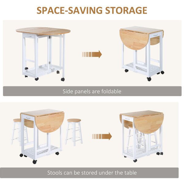 HOMCOM Bar Table and Stools with Storage Shelf, 3-Pieces Wooden Kitchen Cart with 2 Drawers and 6 Wheels, White Aosom UK