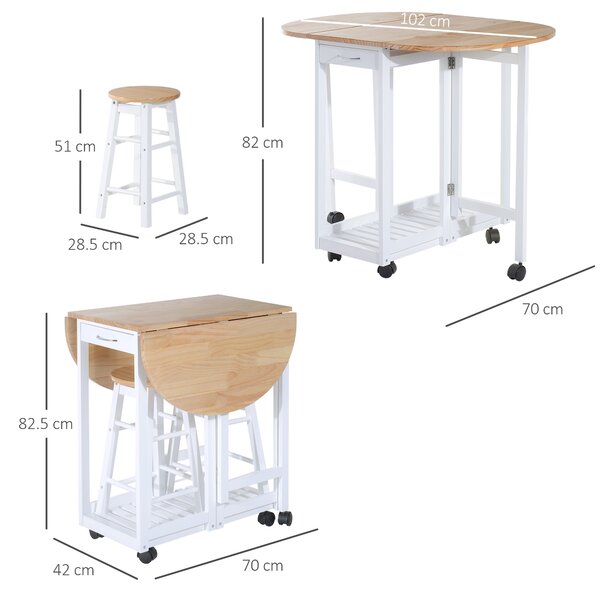HOMCOM Bar Table and Stools with Storage Shelf, 3-Pieces Wooden Kitchen Cart with 2 Drawers and 6 Wheels, White Aosom UK
