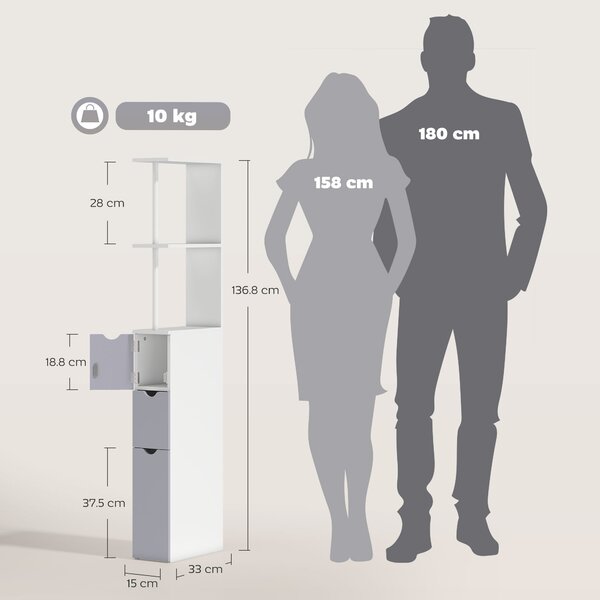 HOMCOM Slimline Bathroom Storage Free-Standing Bathroom Cabinet Unit Tall Shelf Toilet Tissue Cupboard w/Drawers - Grey and White Aosom UK