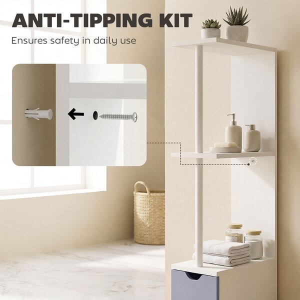 HOMCOM Slimline Bathroom Storage Free-Standing Bathroom Cabinet Unit Tall Shelf Toilet Tissue Cupboard w/Drawers - Grey and White Aosom UK