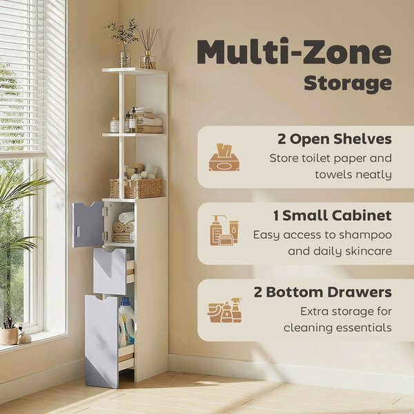 HOMCOM Slimline Bathroom Storage Free-Standing Bathroom Cabinet Unit Tall Shelf Toilet Tissue Cupboard w/Drawers - Grey and White Aosom UK