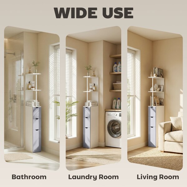 HOMCOM Slimline Bathroom Storage Free-Standing Bathroom Cabinet Unit Tall Shelf Toilet Tissue Cupboard w/Drawers - Grey and White Aosom UK
