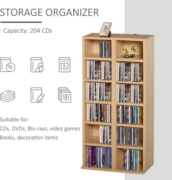 HOMCOM 204 CD Media Display Shelf Unit Set of 2 Blu-Ray DVD Tower Rack w/ Adjustable Shelves Bookcase Storage Organiser, Natural Wood Color