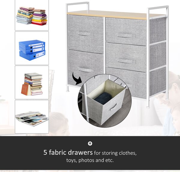 HOMCOM 5 Drawer Linen Storage Chest Home Organisation w/ Shelf Handles Metal Frame Adjustable Feet Hallway Home Dresser Grey Aosom UK