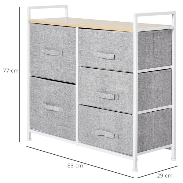 HOMCOM 5 Drawer Linen Storage Chest Home Organisation w/ Shelf Handles Metal Frame Adjustable Feet Hallway Home Dresser Grey Aosom UK