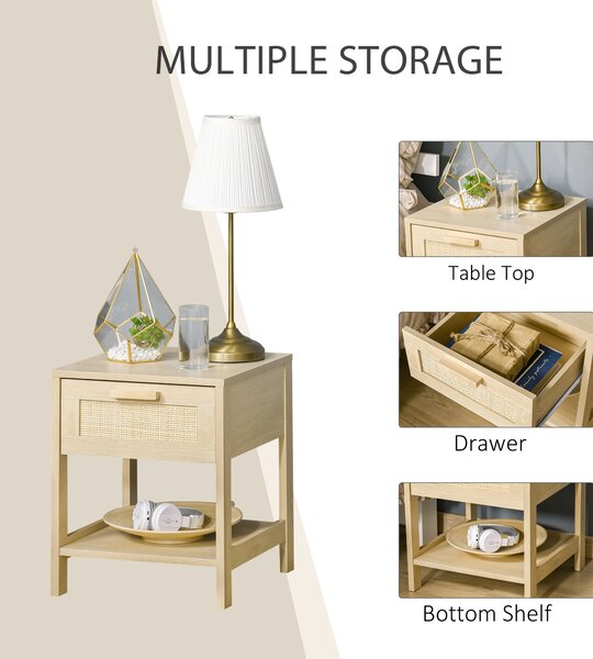 HOMCOM Bedside Table with Rattan Accent Drawer and Lower Shelf, Compact Nightstand for Bedroom or Living Room Storage Aosom UK
