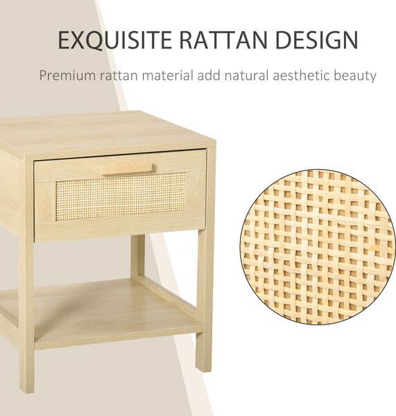 HOMCOM Bedside Table with Rattan Accent Drawer and Lower Shelf, Compact Nightstand for Bedroom or Living Room Storage Aosom UK