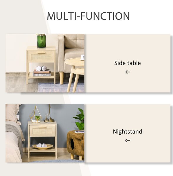 HOMCOM Bedside Table with Rattan Accent Drawer and Lower Shelf, Compact Nightstand for Bedroom or Living Room Storage Aosom UK