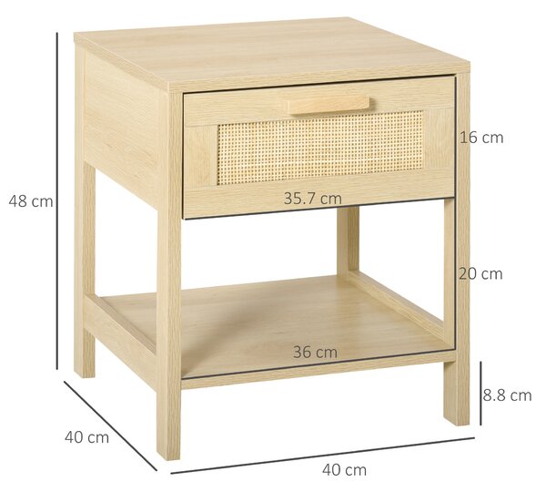 HOMCOM Bedside Table with Rattan Accent Drawer and Lower Shelf, Compact Nightstand for Bedroom or Living Room Storage Aosom UK