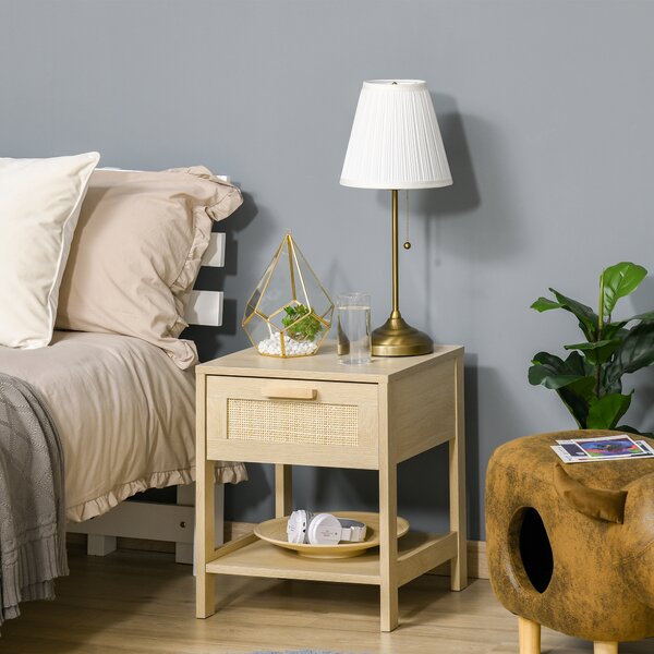 HOMCOM Bedside Table with Rattan Accent Drawer and Lower Shelf, Compact Nightstand for Bedroom or Living Room Storage Aosom UK