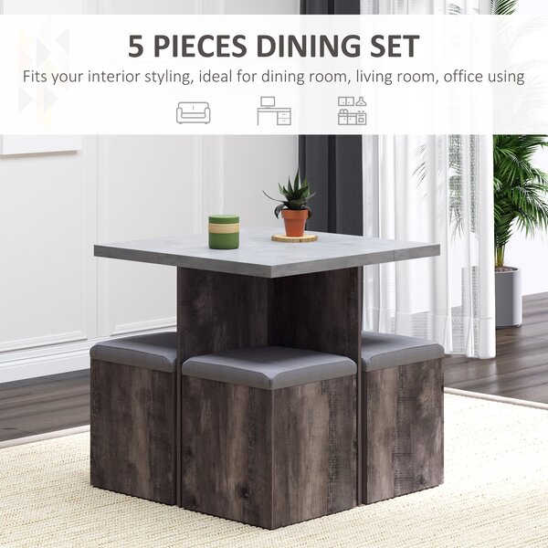 HOMCOM 5PC Dining Set Garden Patio Wooden Set 4 Storage Stools Footrest Ottoman with Cushions + 1 Table Space Saving Design Indoor Outdoor Aosom UK