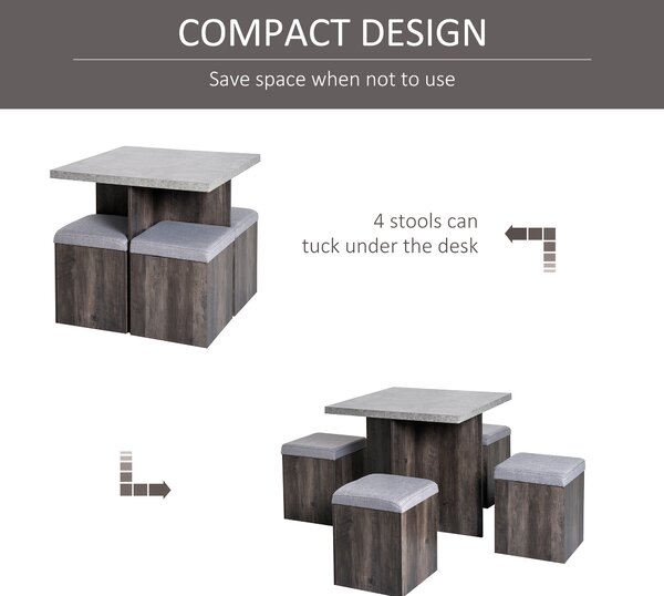 HOMCOM 5PC Dining Set Garden Patio Wooden Set 4 Storage Stools Footrest Ottoman with Cushions + 1 Table Space Saving Design Indoor Outdoor Aosom UK