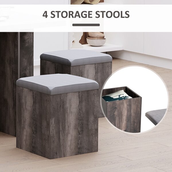 HOMCOM 5PC Dining Set Garden Patio Wooden Set 4 Storage Stools Footrest Ottoman with Cushions + 1 Table Space Saving Design Indoor Outdoor Aosom UK