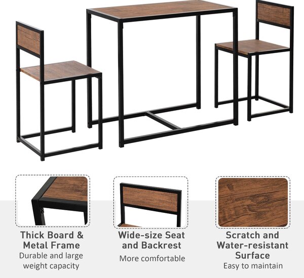 HOMCOM 3 Pcs Dining Table and Chairs Set w/ Industrial Design, Steel Frame, MDF Panels, Table Set for Living Room, Bar, Rustic Brown Aosom UK