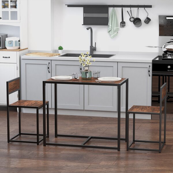 HOMCOM 3 Pcs Dining Table and Chairs Set w/ Industrial Design, Steel Frame, MDF Panels, Table Set for Living Room, Bar, Rustic Brown Aosom UK