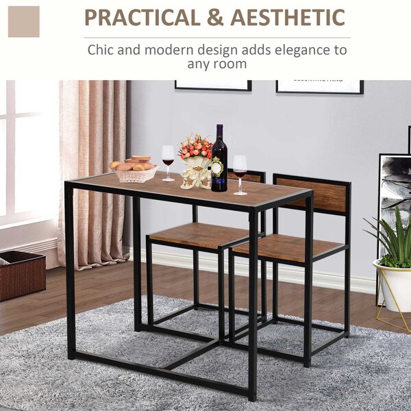 HOMCOM 3 Pcs Dining Table and Chairs Set w/ Industrial Design, Steel Frame, MDF Panels, Table Set for Living Room, Bar, Rustic Brown Aosom UK