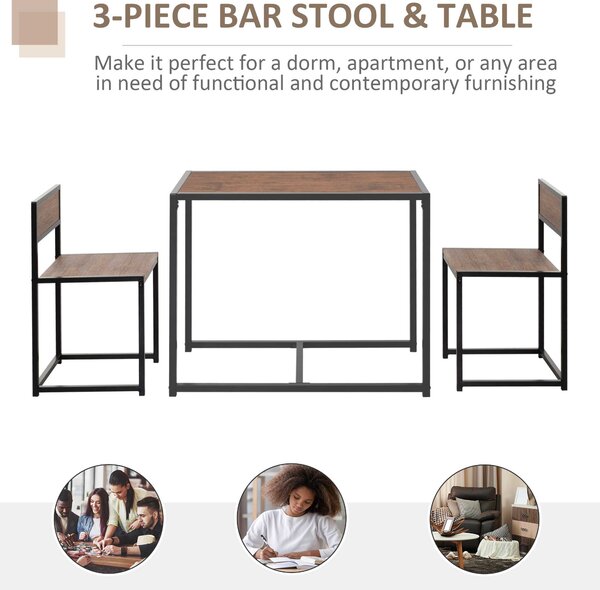 HOMCOM 3 Pcs Dining Table and Chairs Set w/ Industrial Design, Steel Frame, MDF Panels, Table Set for Living Room, Bar, Rustic Brown Aosom UK