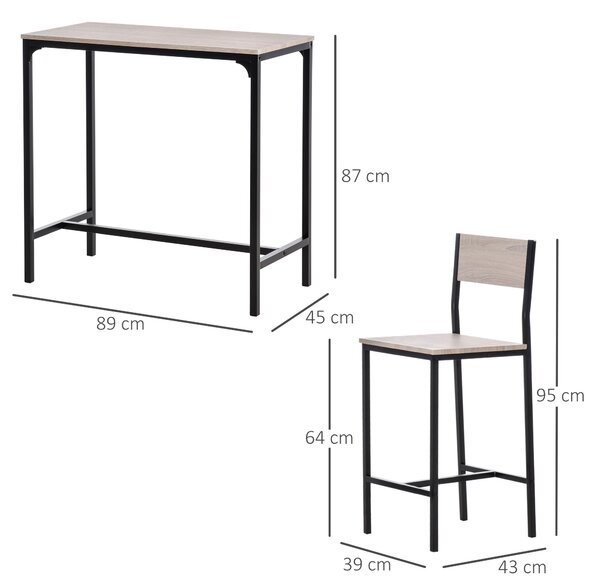 HOMCOM 3 Pcs Table Stool Set Industrial Design w/ Metal Frame Oak Tone MDF Panels Minimal Compact Beautiful Aosom UK