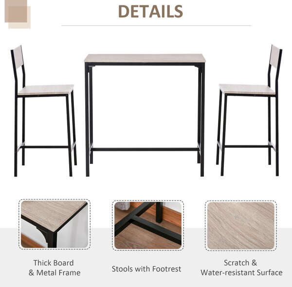 HOMCOM 3 Pcs Table Stool Set Industrial Design w/ Metal Frame Oak Tone MDF Panels Minimal Compact Beautiful Aosom UK