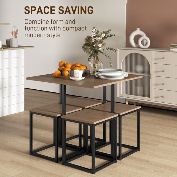 HOMCOM Table with 4 Chairs with Metal Frame, Compact Square Seating, Dining Room Sets, 5 Piece Industrial Dining Set, Brown Aosom UK