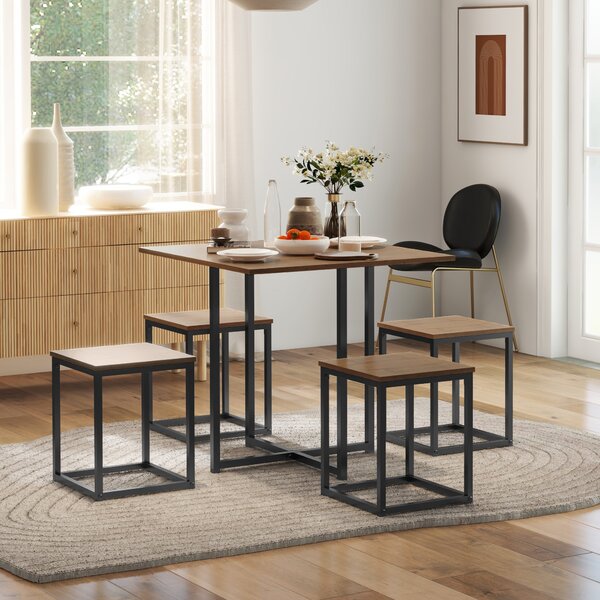 HOMCOM Table with 4 Chairs with Metal Frame, Compact Square Seating, Dining Room Sets, 5 Piece Industrial Dining Set, Brown Aosom UK