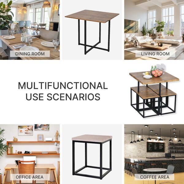 HOMCOM Table with 4 Chairs with Metal Frame, Compact Square Seating, Dining Room Sets, 5 Piece Industrial Dining Set, Brown Aosom UK