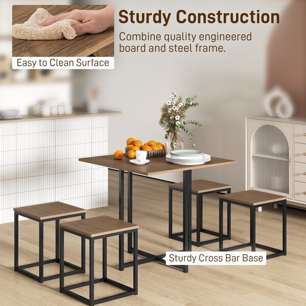 HOMCOM Table with 4 Chairs with Metal Frame, Compact Square Seating, Dining Room Sets, 5 Piece Industrial Dining Set, Brown Aosom UK