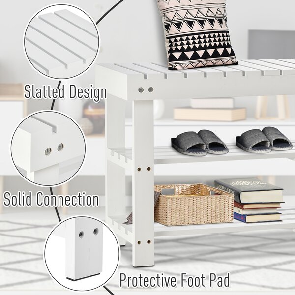 HOMCOM Shoe Bench, 3-Tier Wooden Shoe Rack with Hidden Storage Compartment, Slatted Shelves, Hallway Furniture, White Aosom UK