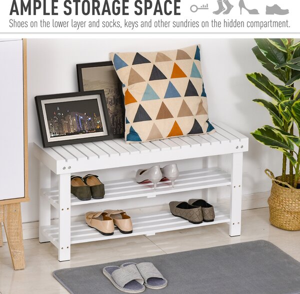HOMCOM Shoe Bench, 3-Tier Wooden Shoe Rack with Hidden Storage Compartment, Slatted Shelves, Hallway Furniture, White Aosom UK