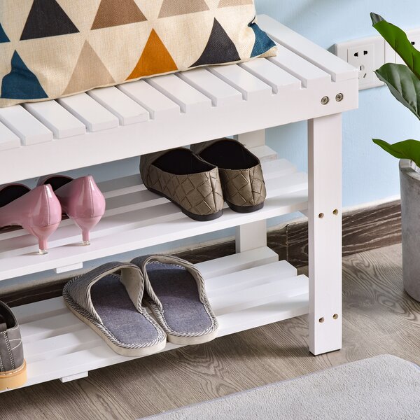 HOMCOM Shoe Bench, 3-Tier Wooden Shoe Rack with Hidden Storage Compartment, Slatted Shelves, Hallway Furniture, White Aosom UK
