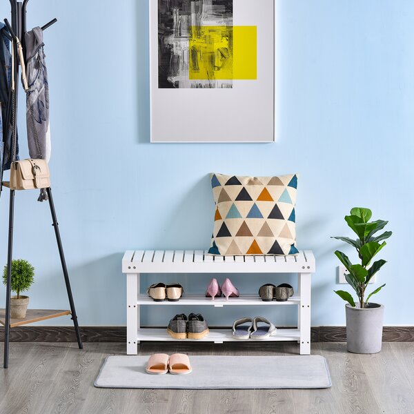 HOMCOM Shoe Bench, 3-Tier Wooden Shoe Rack with Hidden Storage Compartment, Slatted Shelves, Hallway Furniture, White Aosom UK