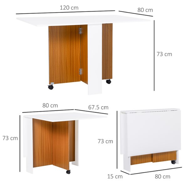 HOMCOM Folding Dining Table Writing Desk Workstation w/ Casters Teak Colour, 4-6 people, White Aosom UK