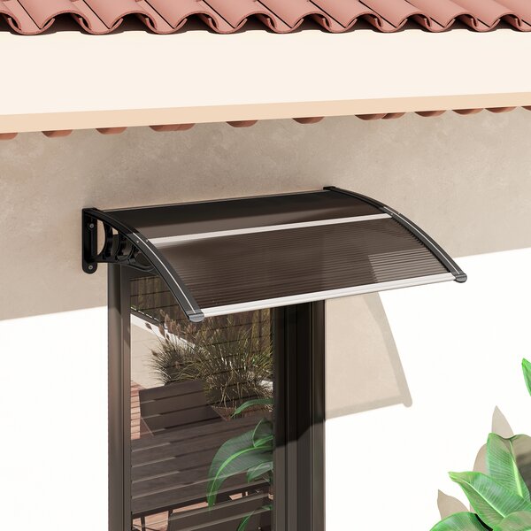 Outsunny Curved Window Door Canopy Aluminium Rigid Plastic Polycarbonate Fixed Outdoor Awning Modern Design UV Water Rain Resist Brown