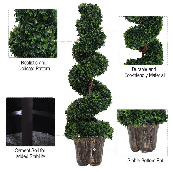 Outsunny Set of 2 Artificial Boxwood Spiral Topiary Trees Potted Decorative Plant Outdoor and Indoor Décor 120cm