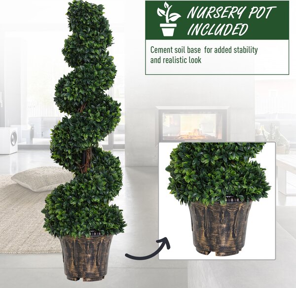 Outsunny Set of 2 Artificial Boxwood Spiral Topiary Trees Potted Decorative Plant Outdoor and Indoor Décor 120cm