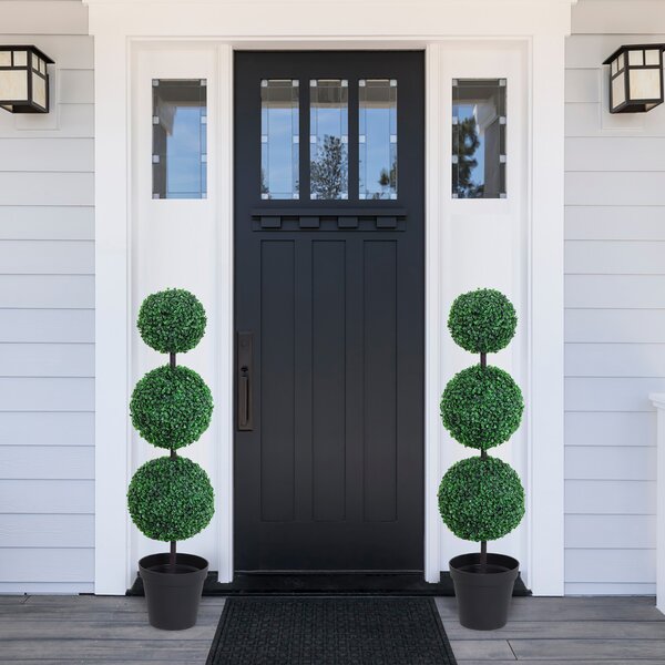Outsunny Set of 2 Artificial Boxwood Ball Topiary Trees Potted Decorative Plant Outdoor and Indoor Décor (112cm) Aosom UK