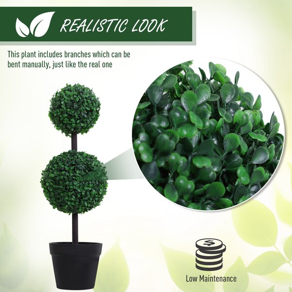Outsunny Set of 2 Artificial Boxwood Ball Topiary Trees Potted Decorative Plant Outdoor and Indoor Décor (67cm) Aosom UK
