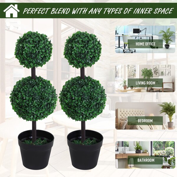 Outsunny Set of 2 Artificial Boxwood Ball Topiary Trees Potted Decorative Plant Outdoor and Indoor Décor (67cm) Aosom UK