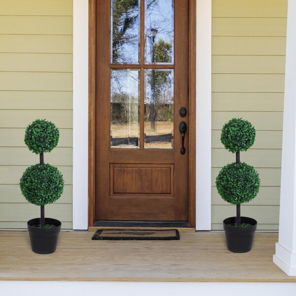 Outsunny Set of 2 Artificial Boxwood Ball Topiary Trees Potted Decorative Plant Outdoor and Indoor Décor (67cm) Aosom UK