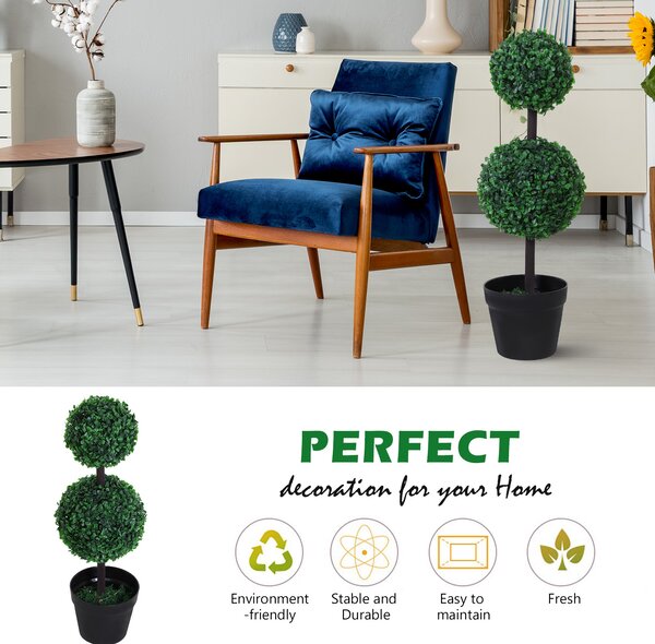 Outsunny Set of 2 Artificial Boxwood Ball Topiary Trees Potted Decorative Plant Outdoor and Indoor Décor (67cm) Aosom UK