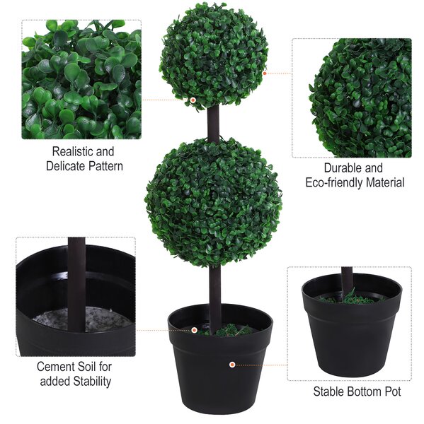 Outsunny Set of 2 Artificial Boxwood Ball Topiary Trees Potted Decorative Plant Outdoor and Indoor Décor (67cm) Aosom UK