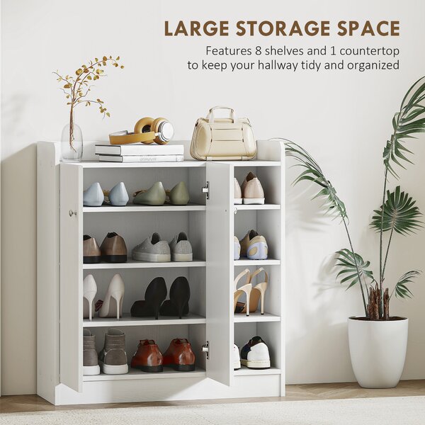 HOMCOM Large Shoe Storage Cabinet, Hallway Organiser with 2 Doors & 4 Adjustable Shelves, Sleek White Aosom UK
