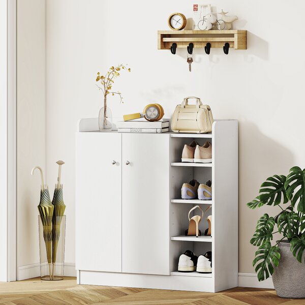 HOMCOM Large Shoe Storage Cabinet, Hallway Organiser with 2 Doors & 4 Adjustable Shelves, Sleek White Aosom UK
