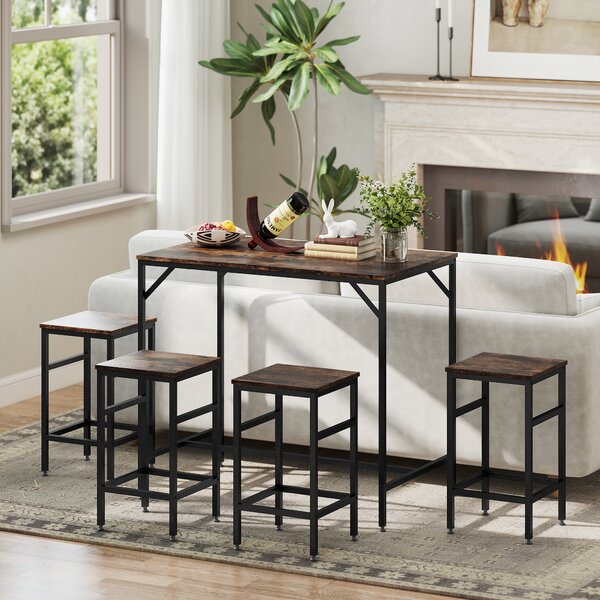 HOMCOM Industrial Rectangular Bar Table and Stools with 4 Stools, Dining Table and Chairs Set for Dining Room, Bar Table Set, Dinette Aosom UK