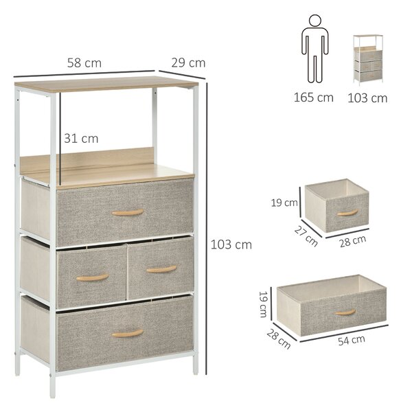 HOMCOM Modern Chest of Drawers with 4 Fabric Bins, Storage Unit for Bedroom or Living Room, White Aosom UK