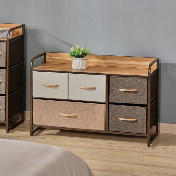HOMCOM Fabric Dresser: 5-Drawer Linen Tower with Wooden Top, Bedroom & Hallway Storage, Slate Grey Aosom UK